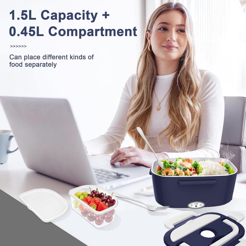 HOLDRUBY Electric Heated Lunch Boxes Adults: 80W Electric Lunch Box Food Heated 12/24/110V 1.5L Heatable Lunch Box for Car/Truck/Office Leak-Proof Stainless Steel Container, Fork & Spoon, Bag (Blue+White) - Image 4